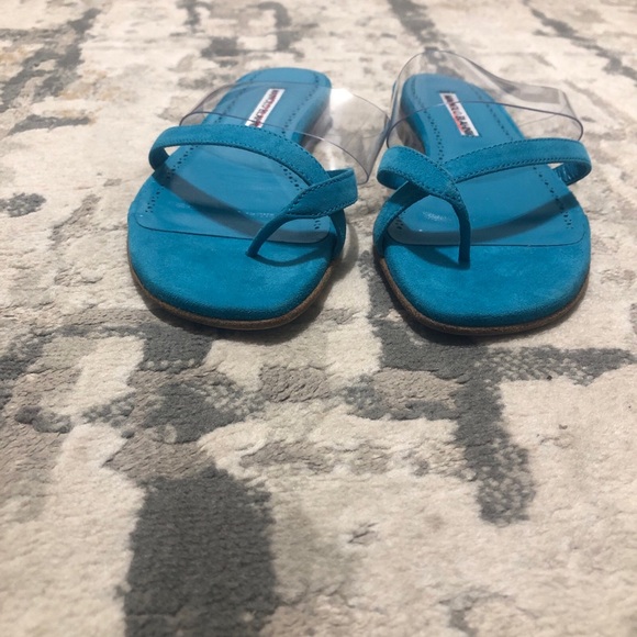 New Manolo Blahnik Blue Teal Susina Crisscross Toe-Strap Flat Sandals Size 37 - Picture 8 of 12